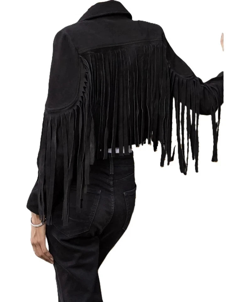 Women's Black Suede Ultra-Long Fringe Cropped Premium Original Leather Jacket