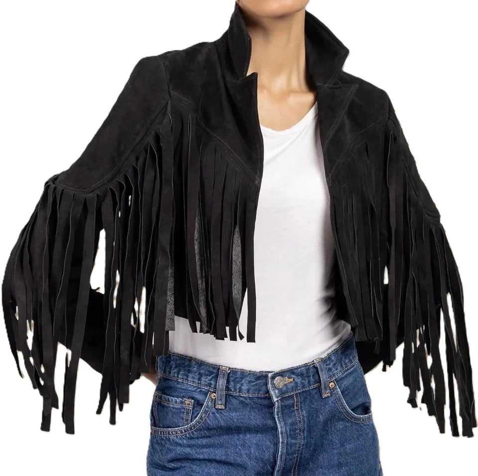 Women's Black Suede Ultra-Long Fringe Cropped Premium Original Leather Jacket