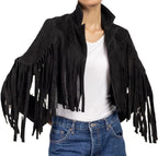 Women's Black Suede Ultra-Long Fringe Cropped Premium Original Leather Jacket