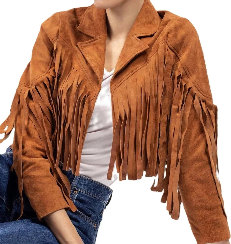 Women's Cognac Suede Full-Fringe Cropped Original Premium Leather Biker Jacket