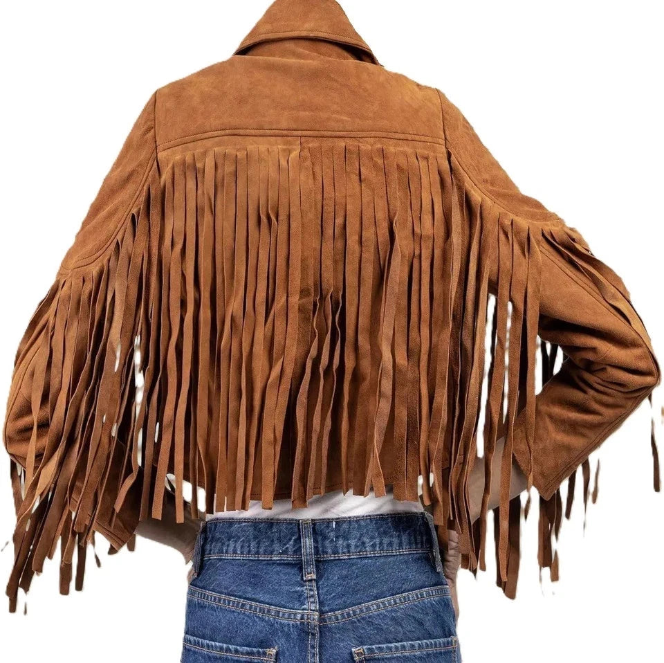 Women's Cognac Suede Full-Fringe Cropped Original Premium Leather Biker Jacket