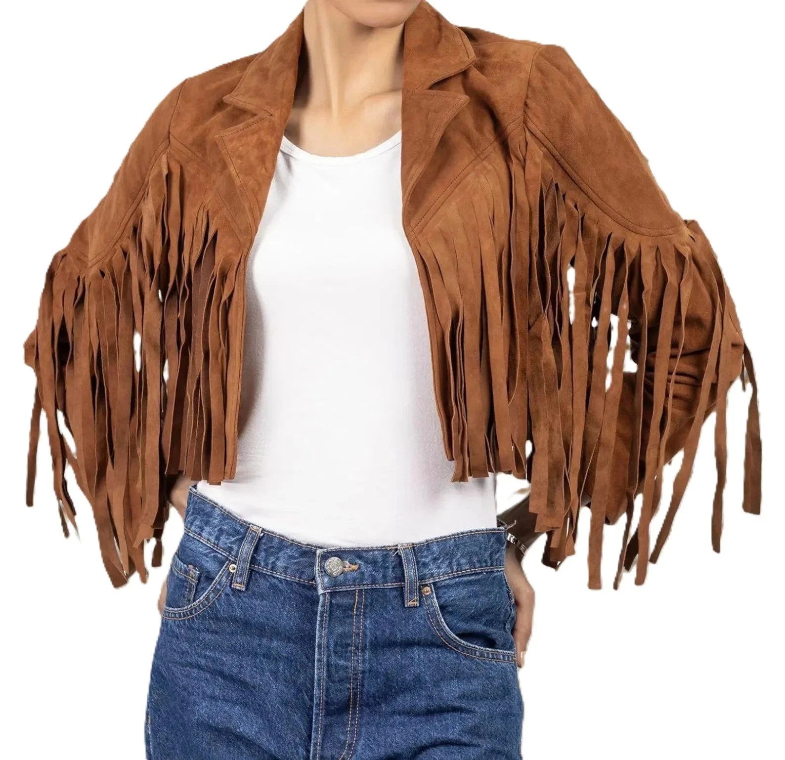 Women's Cognac Suede Full-Fringe Cropped Original Premium Leather Biker Jacket