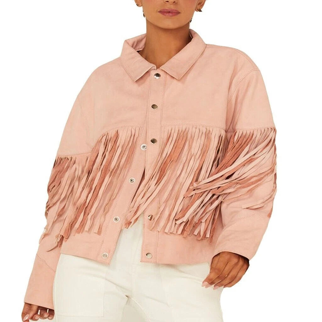 Women's Barbie Baby Pink Suede Fringe Hem Premium Original Leather Trucker Jacket