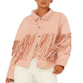 Women's Barbie Baby Pink Suede Fringe Hem Premium Original Leather Trucker Jacket