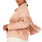 Women's Barbie Baby Pink Suede Fringe Hem Premium Original Leather Trucker Jacket