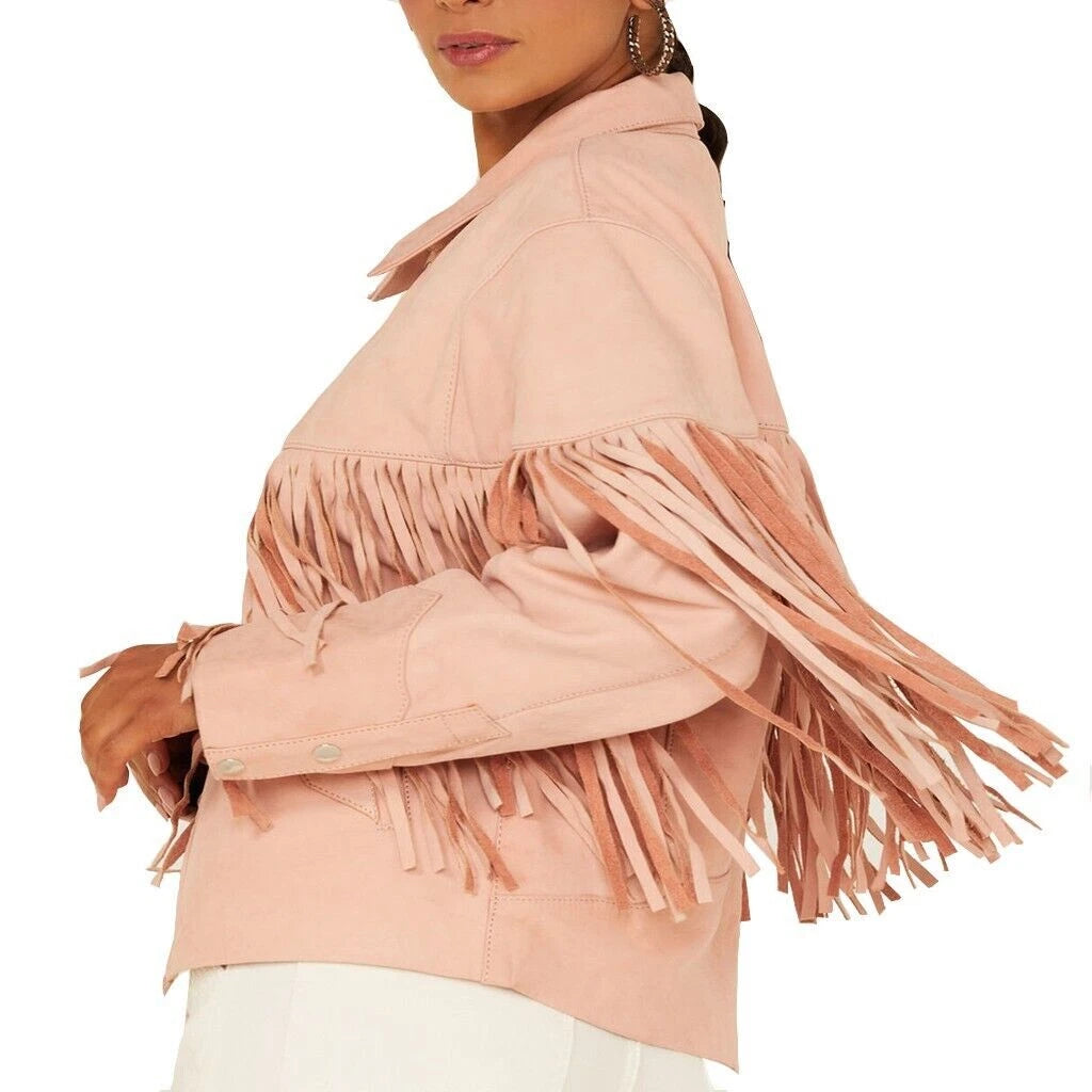 Women's Barbie Baby Pink Suede Fringe Hem Premium Original Leather Trucker Jacket
