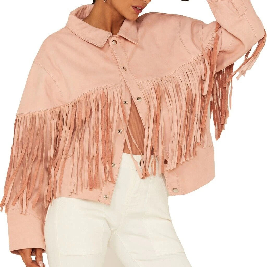 Women's Barbie Baby Pink Suede Fringe Hem Premium Original Leather Trucker Jacket