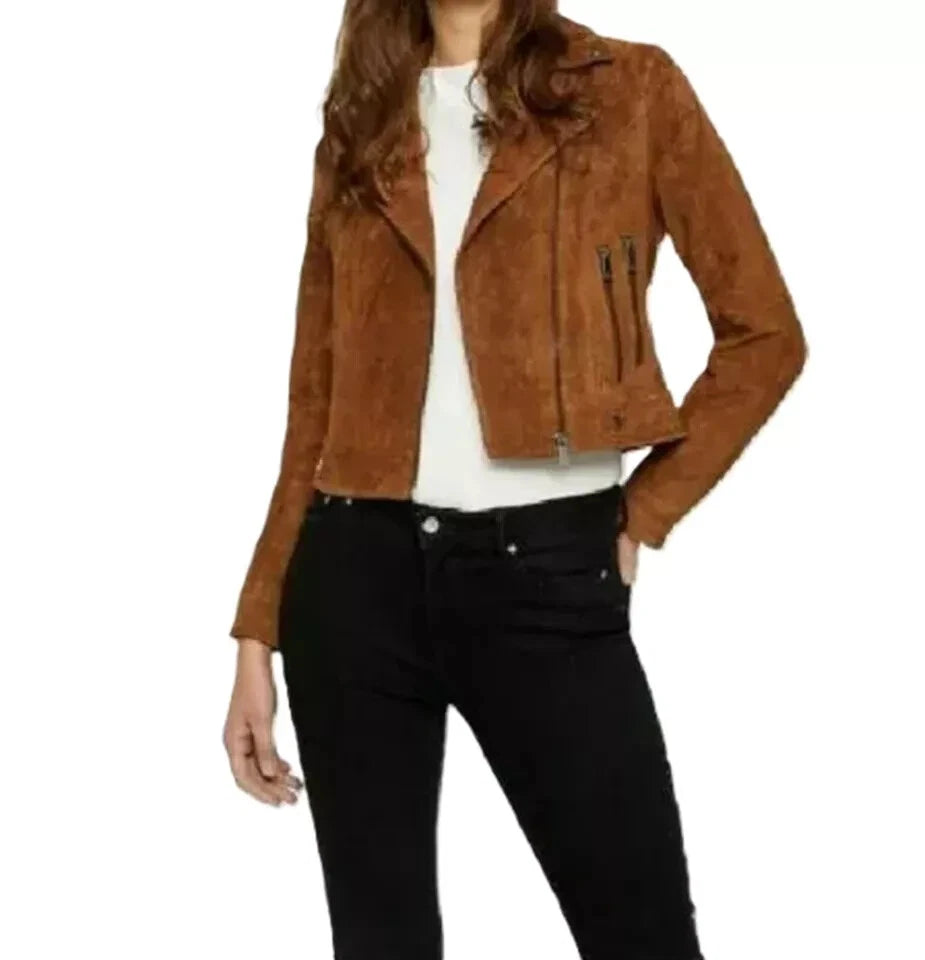 Women's Tan Suede Zip-Up Moto Premium Original Leather Jacket with Gunmetal Hardware