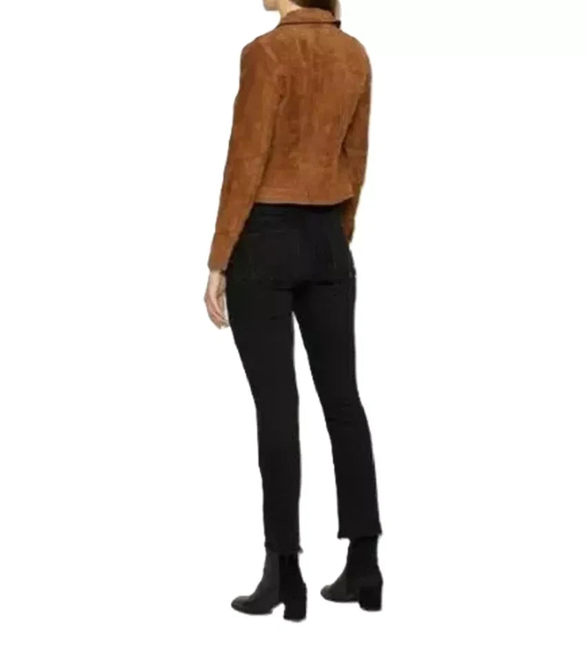 Women's Tan Suede Zip-Up Moto Premium Original Leather Jacket with Gunmetal Hardware