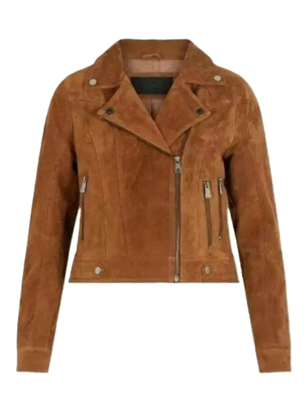 Women's Tan Suede Zip-Up Moto Premium Original Leather Jacket with Gunmetal Hardware