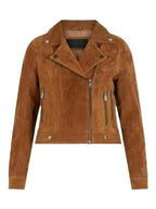 Women's Tan Suede Zip-Up Moto Premium Original Leather Jacket with Gunmetal Hardware