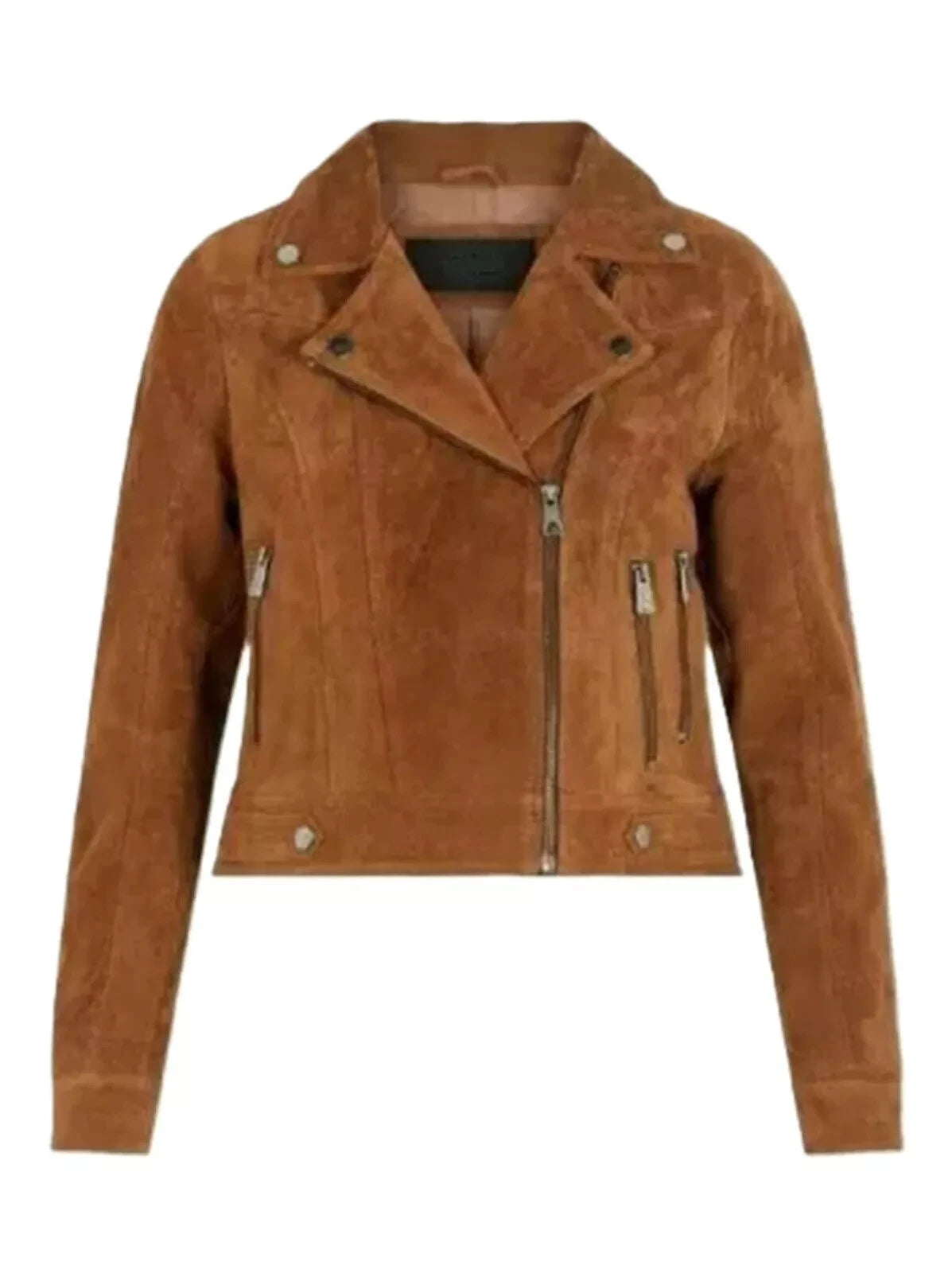 Women's Tan Suede Zip-Up Moto Premium Original Leather Jacket with Gunmetal Hardware