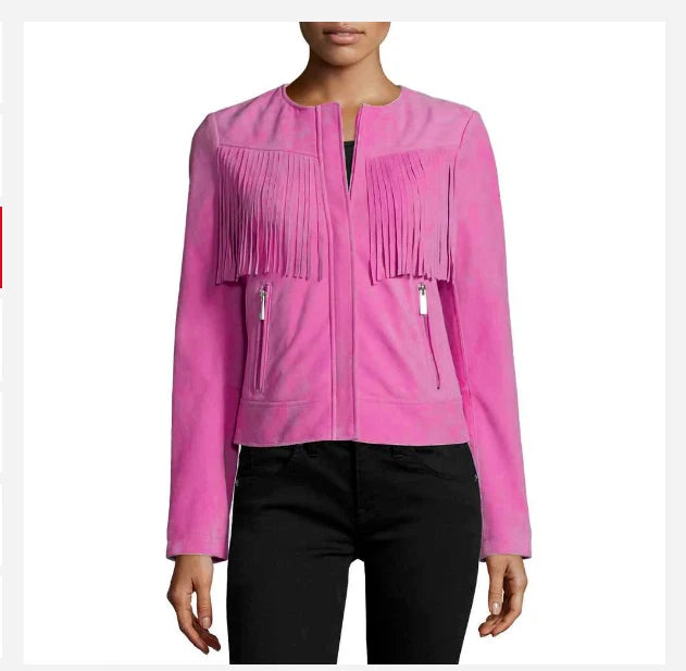 Women's Fuchsia Suede Collarless Fringe Yoke Premium Original Leather Jacket