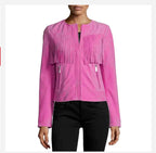 Women's Fuchsia Suede Collarless Fringe Yoke Premium Original Leather Jacket