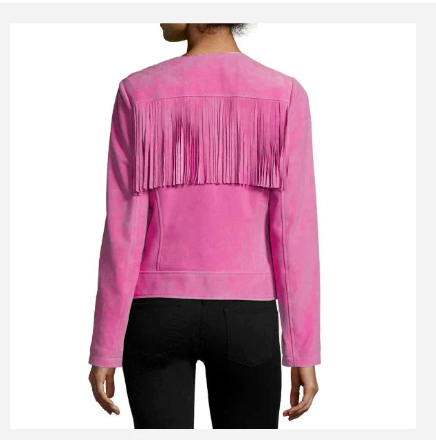 Women's Fuchsia Suede Collarless Fringe Yoke Premium Original Leather Jacket