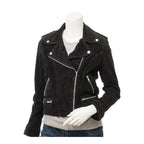 Women's Black Premium Suede Original Leather Asymmetric Biker Jacket with Silver Hardware