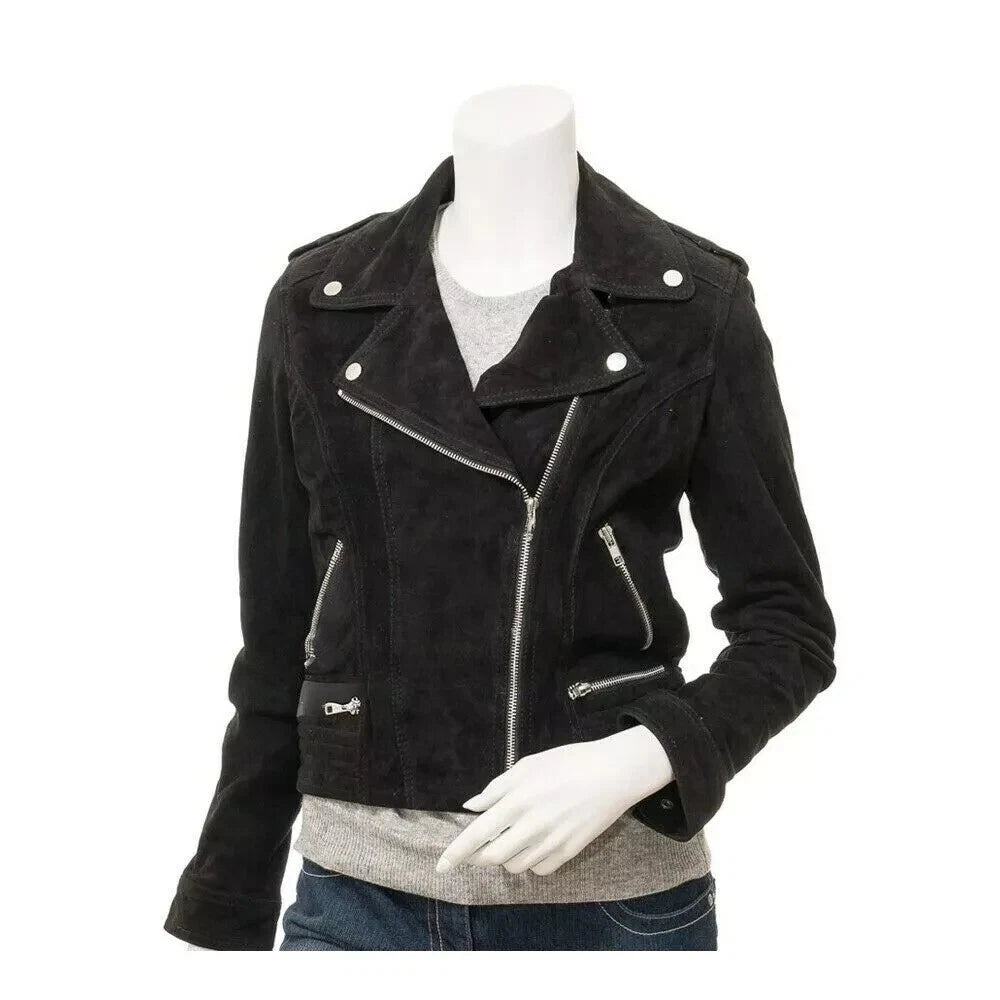 Women's Black Premium Suede Original Leather Asymmetric Biker Jacket with Silver Hardware