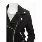 Women's Black Premium Suede Original Leather Asymmetric Biker Jacket with Silver Hardware