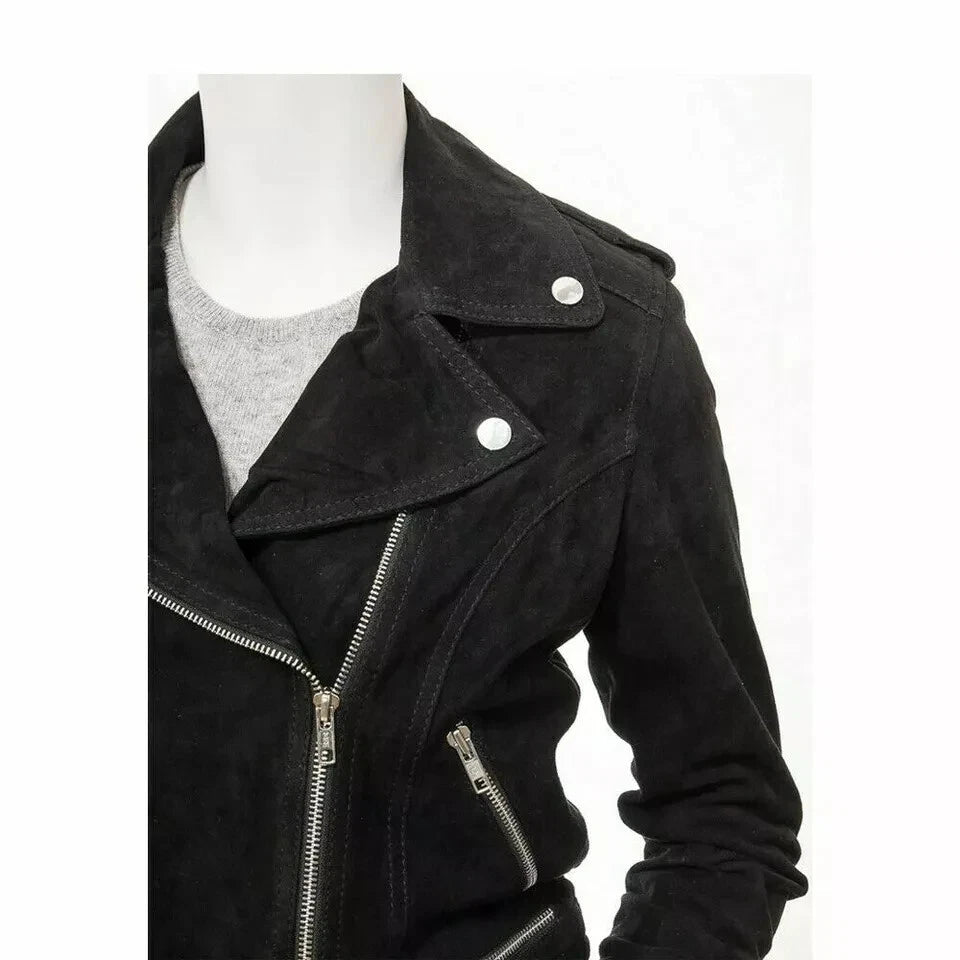 Women's Black Premium Suede Original Leather Asymmetric Biker Jacket with Silver Hardware