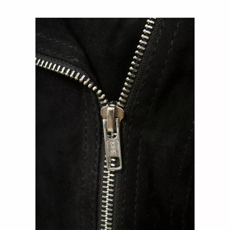 Women's Black Premium Suede Original Leather Asymmetric Biker Jacket with Silver Hardware