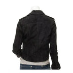Women's Black Premium Suede Original Leather Asymmetric Biker Jacket with Silver Hardware