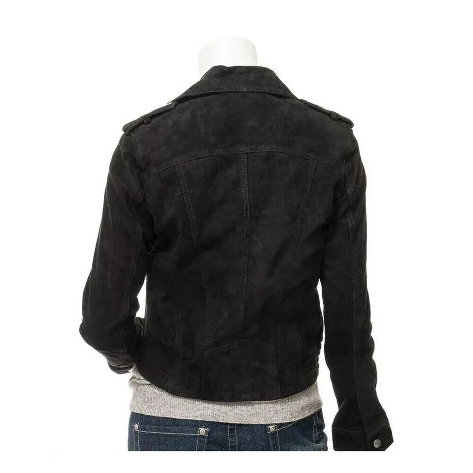Women's Black Premium Suede Original Leather Asymmetric Biker Jacket with Silver Hardware
