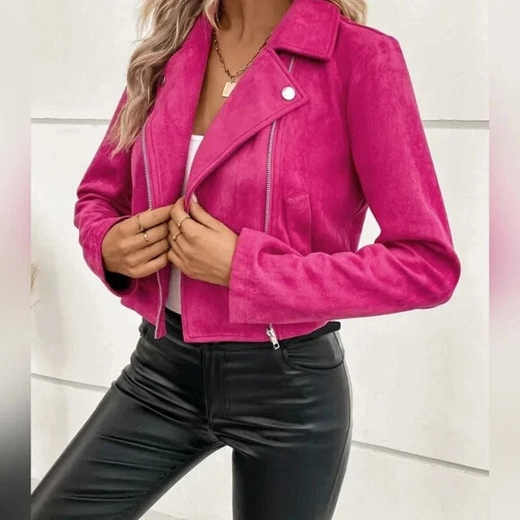 Women's Hot Pink Suede Original Leather Asymmetric Biker Jacket with Silver Hardware