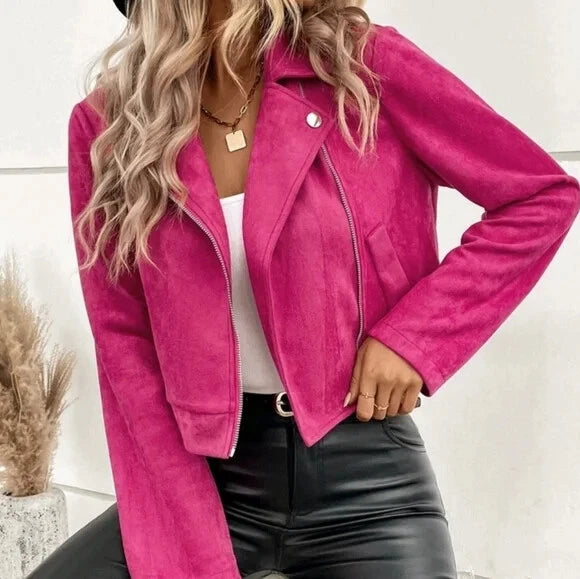 Women's Hot Pink Suede Original Leather Asymmetric Biker Jacket with Silver Hardware