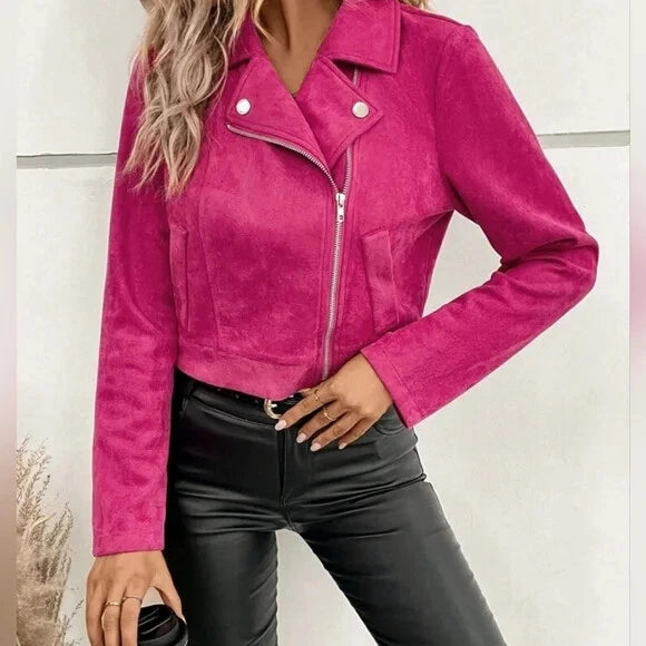 Women's Hot Pink Suede Original Leather Asymmetric Biker Jacket with Silver Hardware