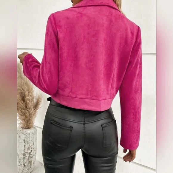 Women's Hot Pink Suede Original Leather Asymmetric Biker Jacket with Silver Hardware
