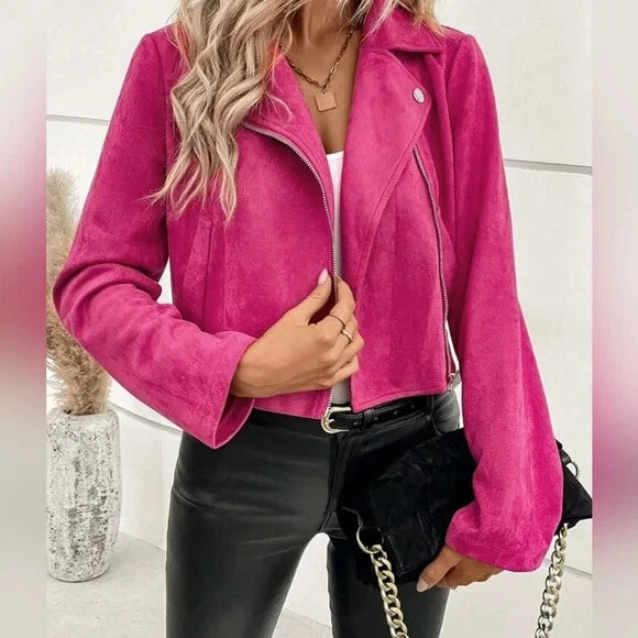 Women's Hot Pink Suede Original Leather Asymmetric Biker Jacket with Silver Hardware