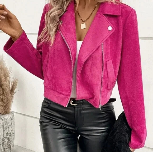 Women's Hot Pink Suede Original Leather Asymmetric Biker Jacket with Silver Hardware