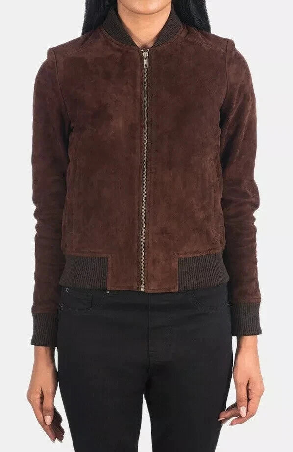 Women's Dark Brown Suede Leather Premium Original Bomber Jacket with Ribbed Trim