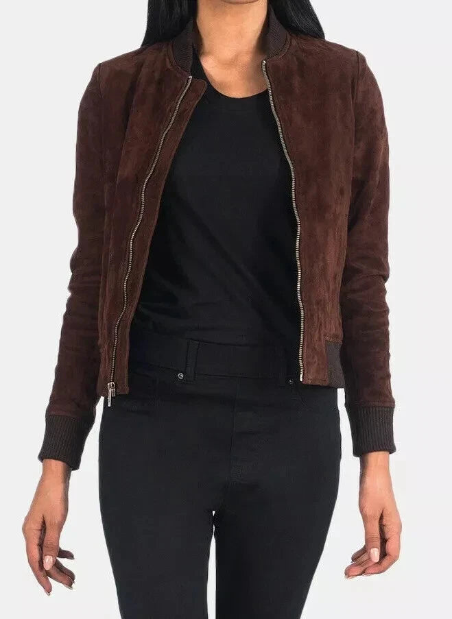 Women's Dark Brown Suede Leather Premium Original Bomber Jacket with Ribbed Trim