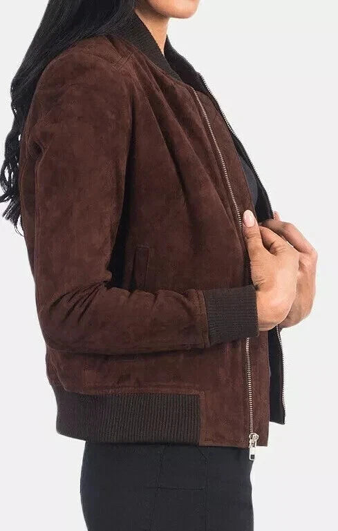 Women's Dark Brown Suede Leather Premium Original Bomber Jacket with Ribbed Trim