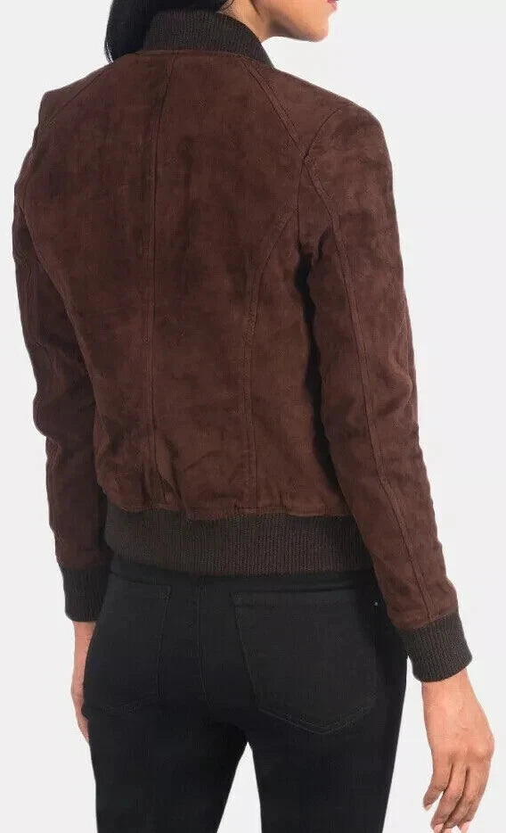 Women's Dark Brown Suede Leather Premium Original Bomber Jacket with Ribbed Trim