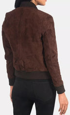 Women's Dark Brown Suede Leather Premium Original Bomber Jacket with Ribbed Trim