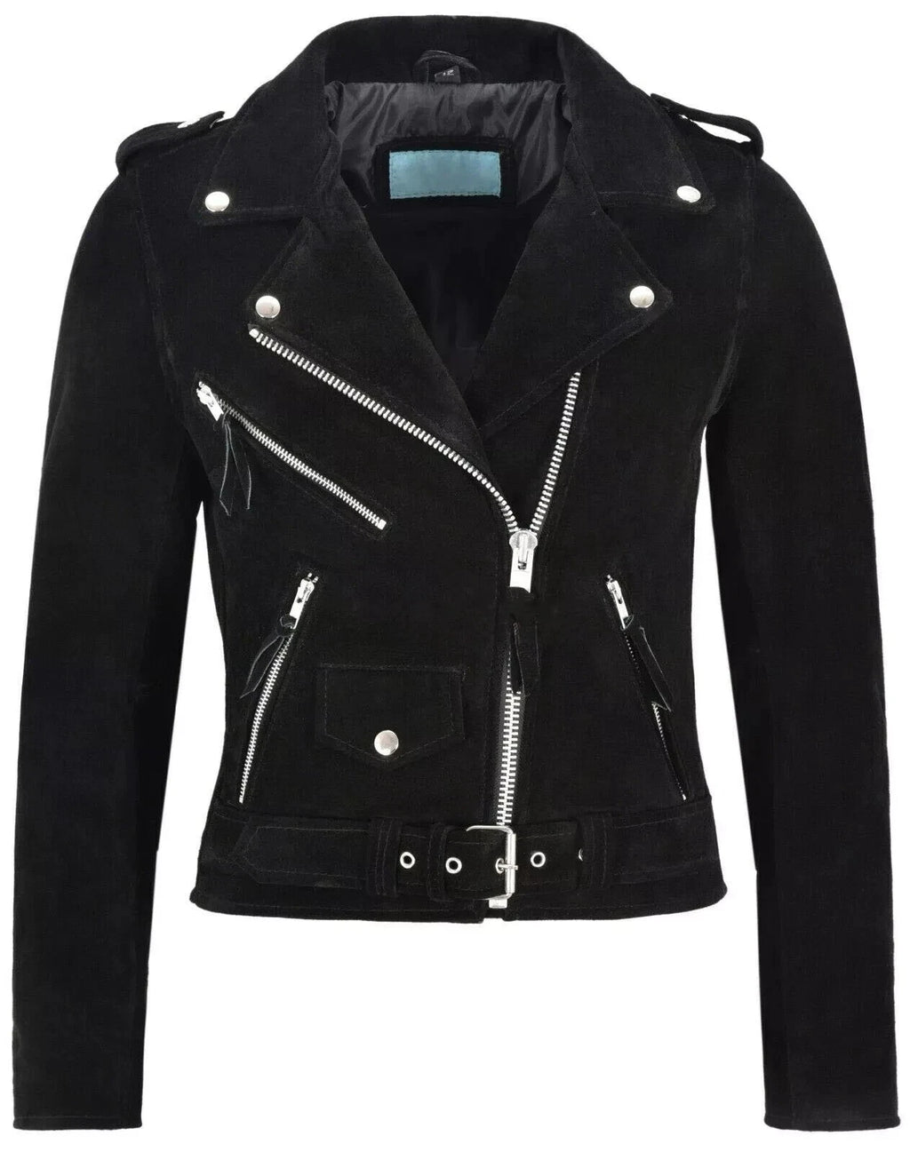Women's Black Suede Premium Original Leather Belted Biker Jacket with Silver Hardware
