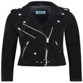 Women's Black Suede Premium Original Leather Belted Biker Jacket with Silver Hardware