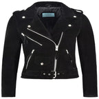Women's Black Suede Premium Original Leather Belted Biker Jacket with Silver Hardware