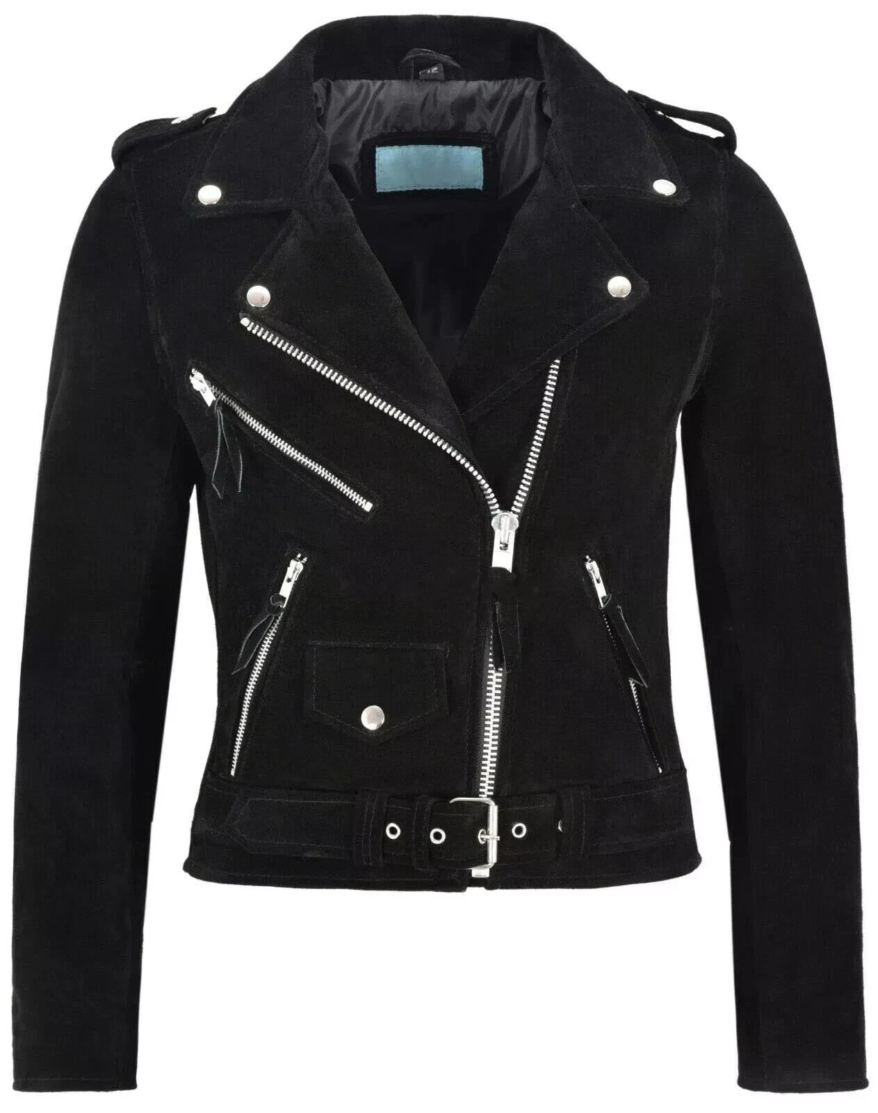 Women's Black Suede Premium Original Leather Belted Biker Jacket with Silver Hardware