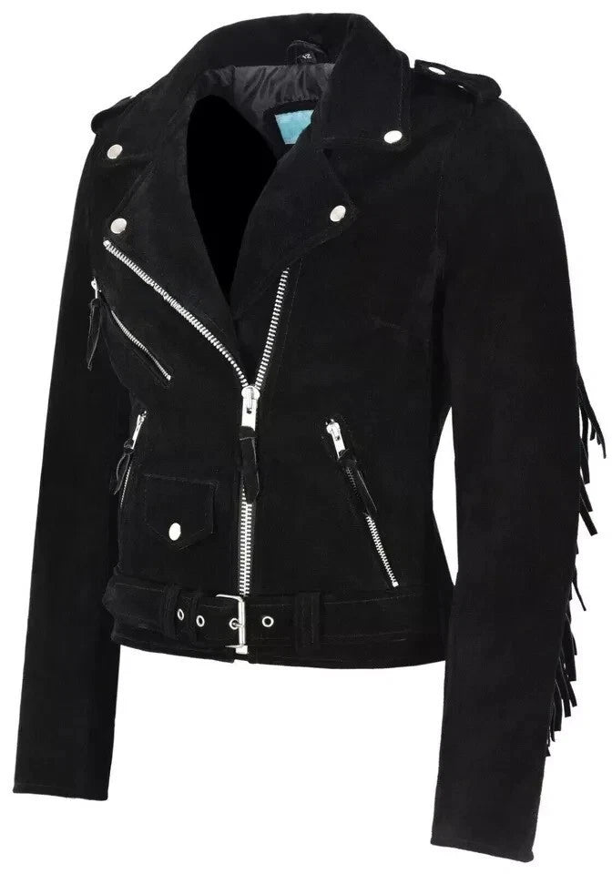 Women's Black Suede Premium Original Leather Belted Biker Jacket with Silver Hardware
