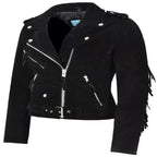 Women's Black Suede Premium Original Leather Belted Biker Jacket with Silver Hardware