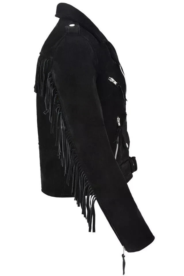 Women's Black Suede Premium Original Leather Belted Biker Jacket with Silver Hardware