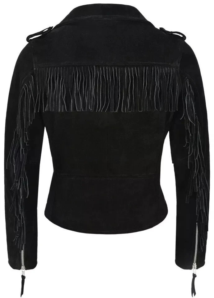 Women's Black Suede Premium Original Leather Belted Biker Jacket with Silver Hardware
