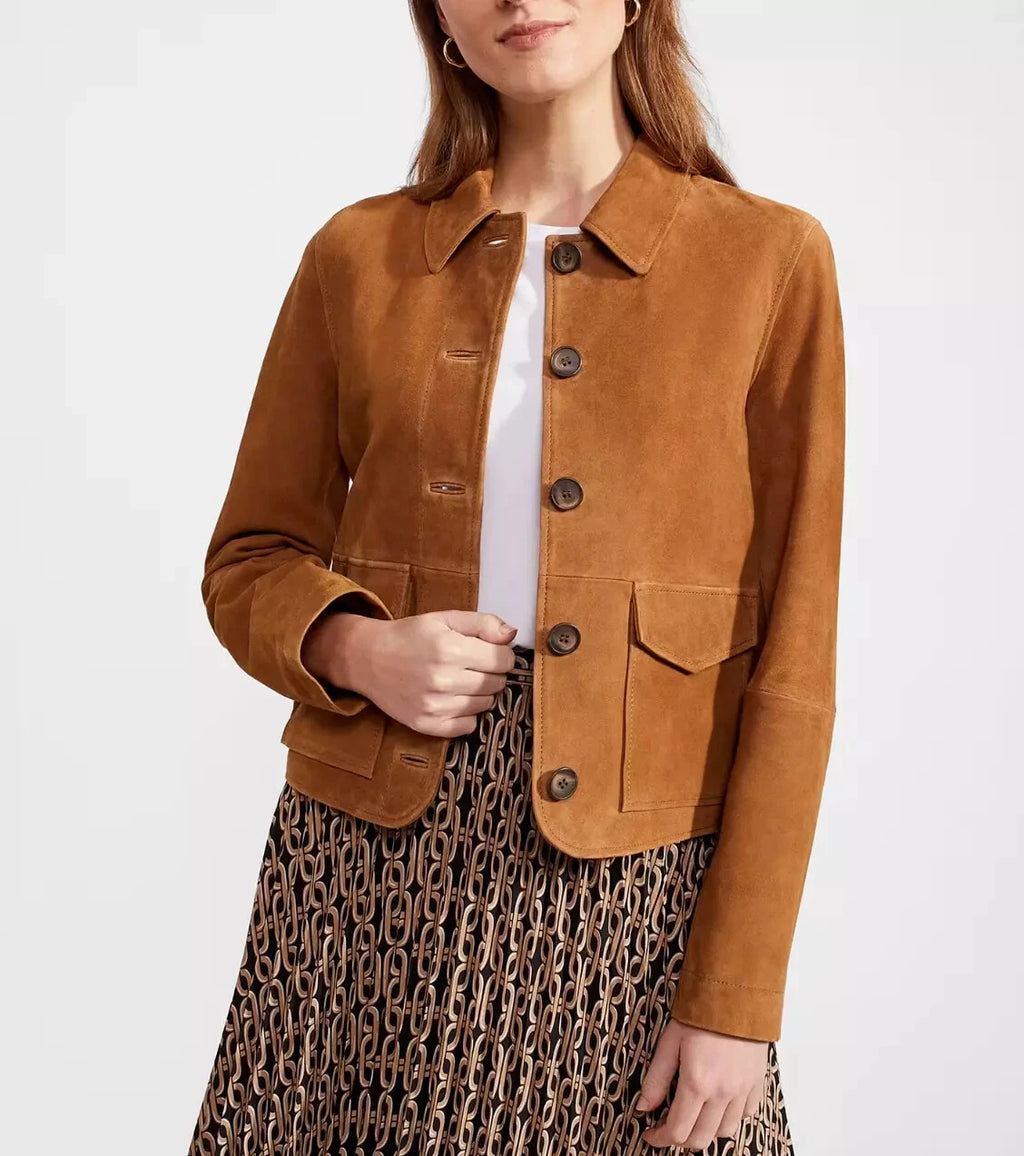 Women's Tan Suede Original Leather Chore Jacket with Horn Buttons