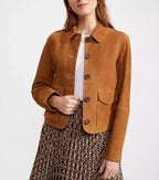 Women's Tan Suede Original Leather Chore Jacket with Horn Buttons