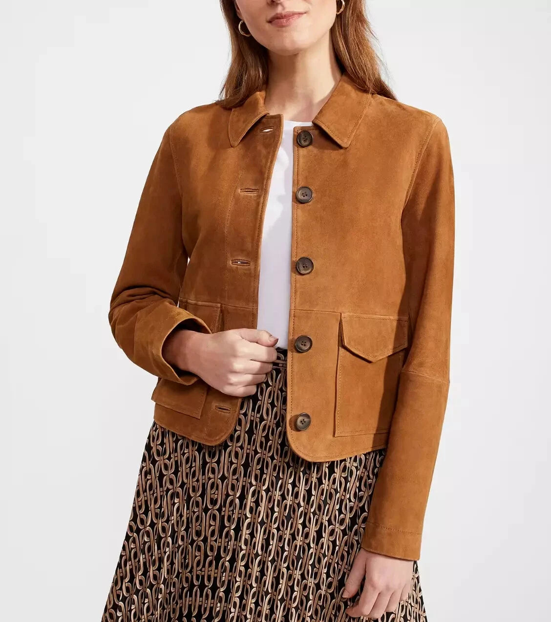 Women's Tan Suede Original Leather Chore Jacket with Horn Buttons