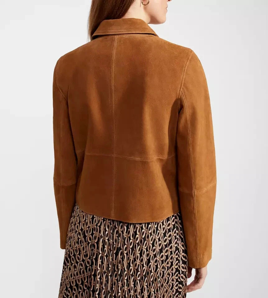 Women's Tan Suede Original Leather Chore Jacket with Horn Buttons