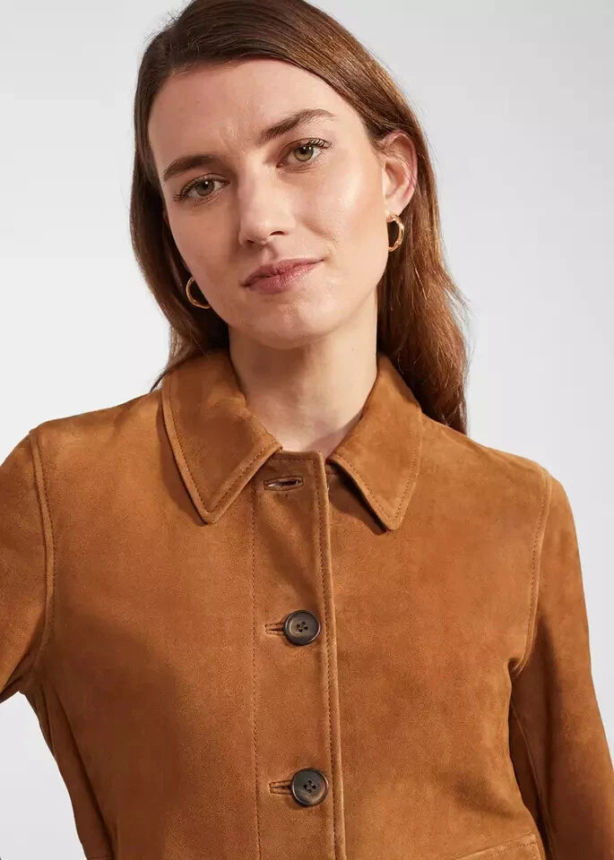Women's Tan Suede Original Leather Chore Jacket with Horn Buttons